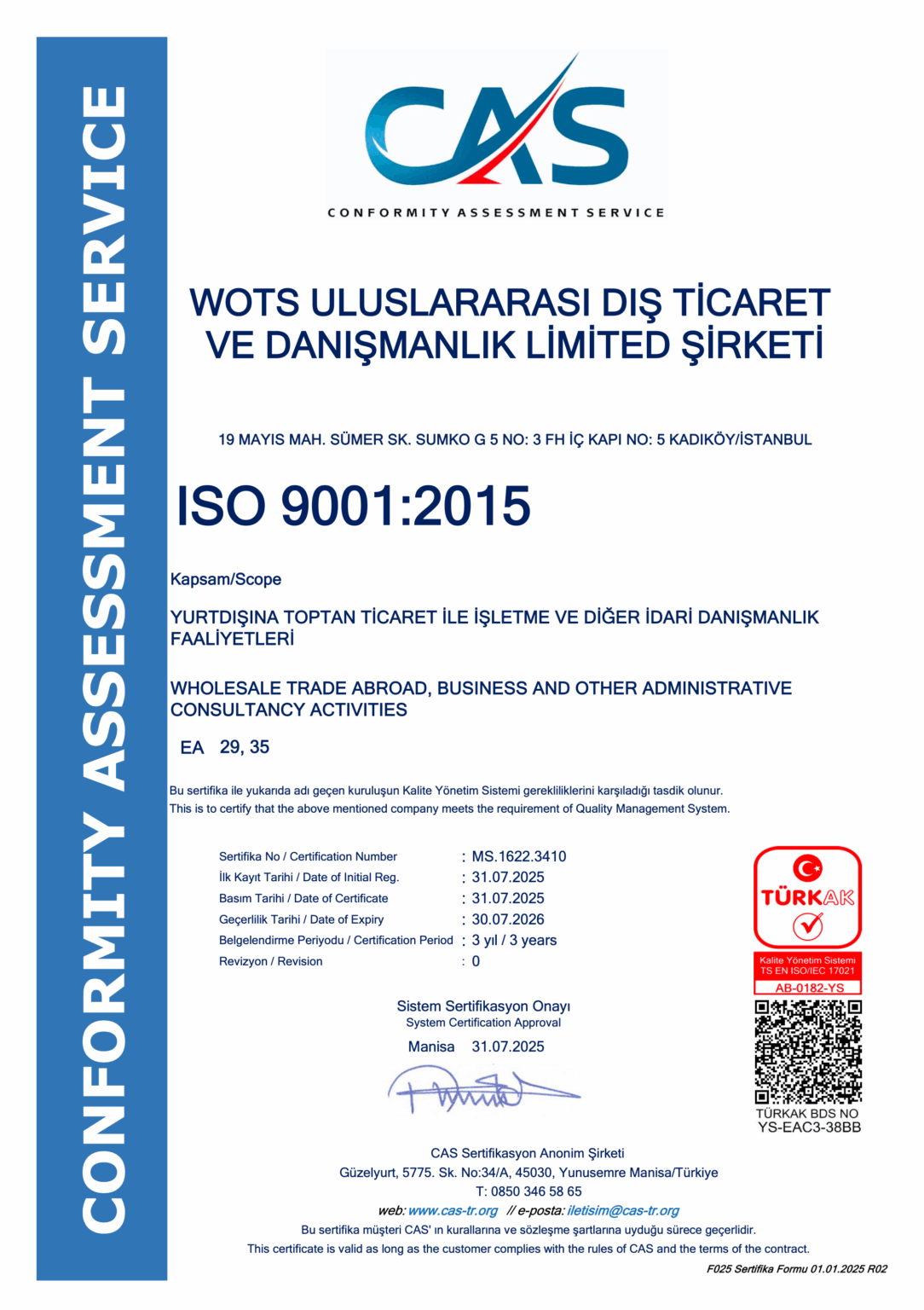 WOTS ISO 9001:2015 certificate issued by CAS