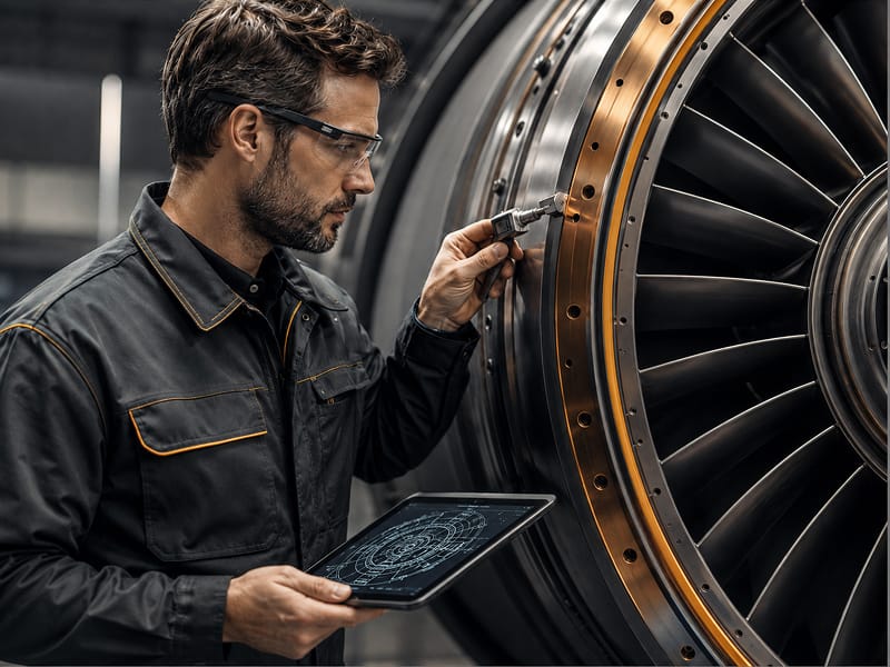 Engineer inspecting a turbine with a tablet