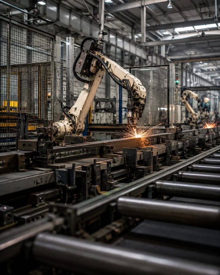 Robotic arm working on an industrial production line