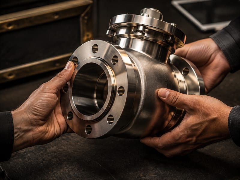 Hands inspecting a metal industrial component