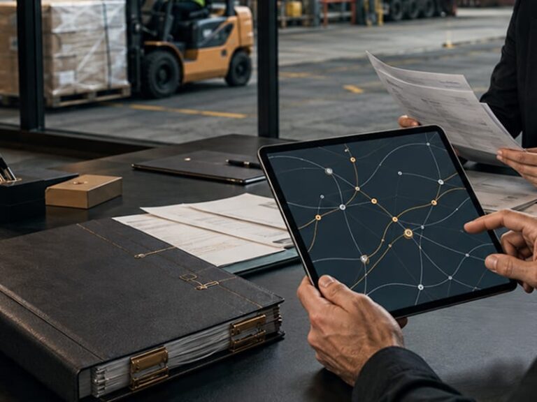 Shipment documents and a tablet displaying a transport network in a warehouse