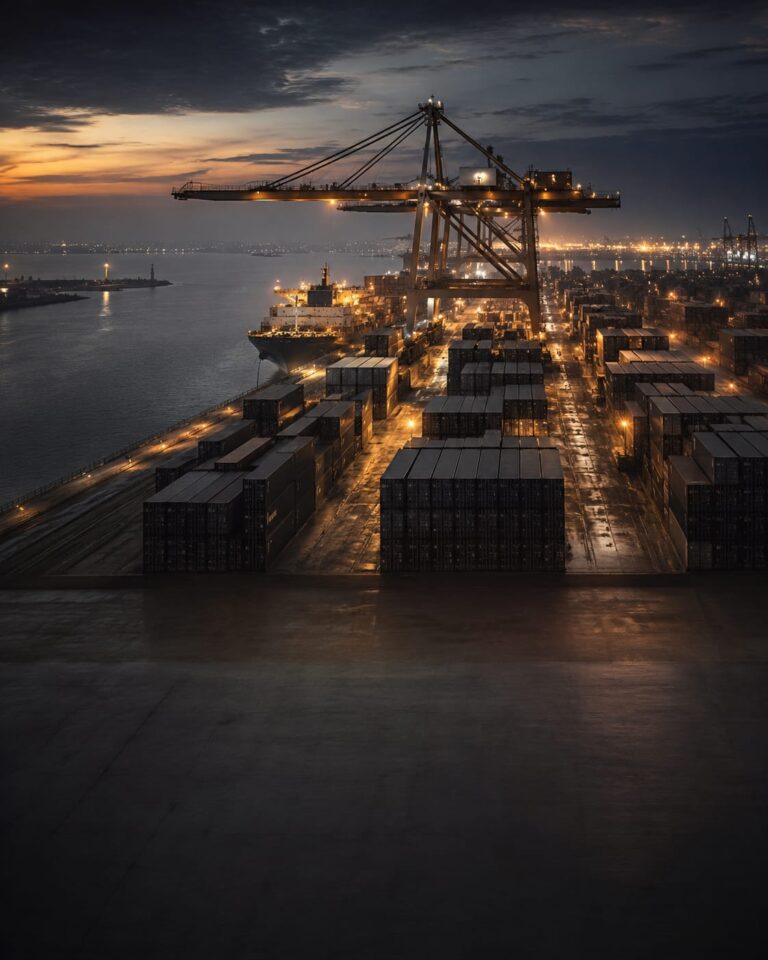 Container terminal with cargo cranes at dusk