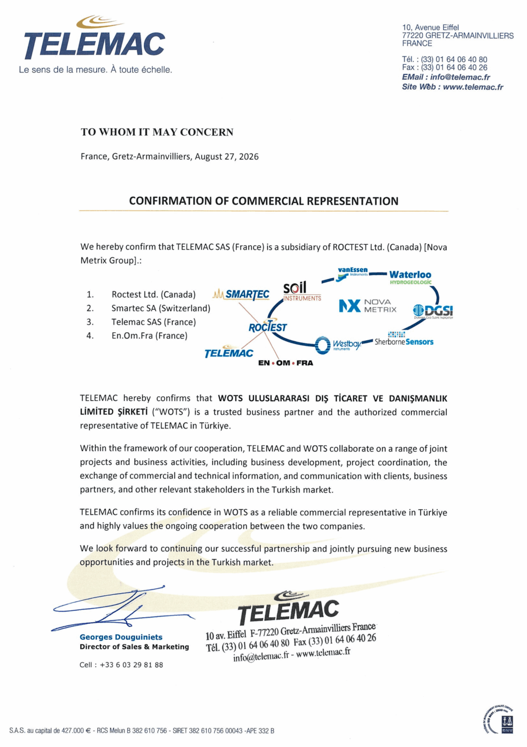 Letter from TELEMAC SAS